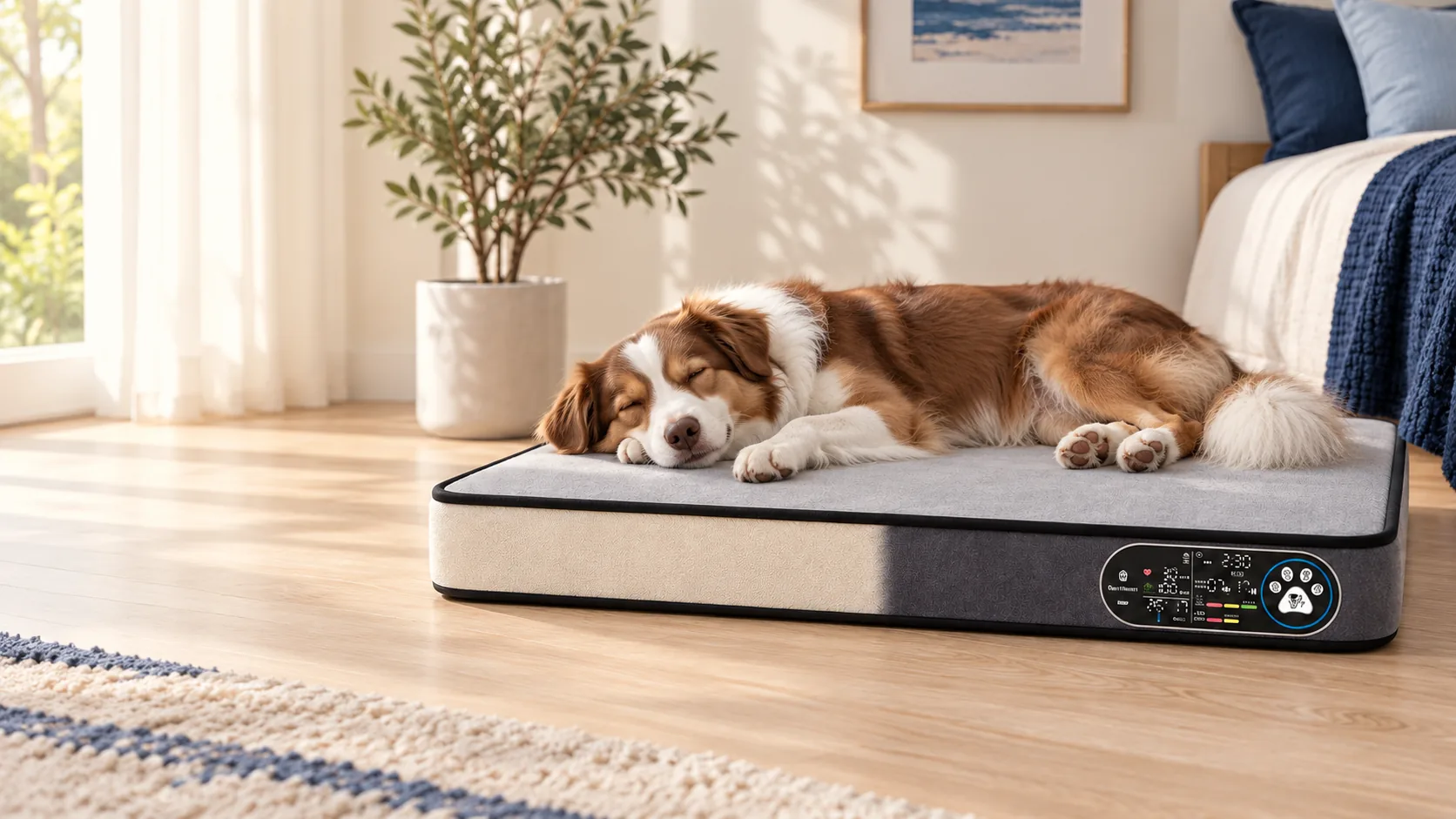 A brown and white dog resting naturally on the VitaTrack smart monitoring mat