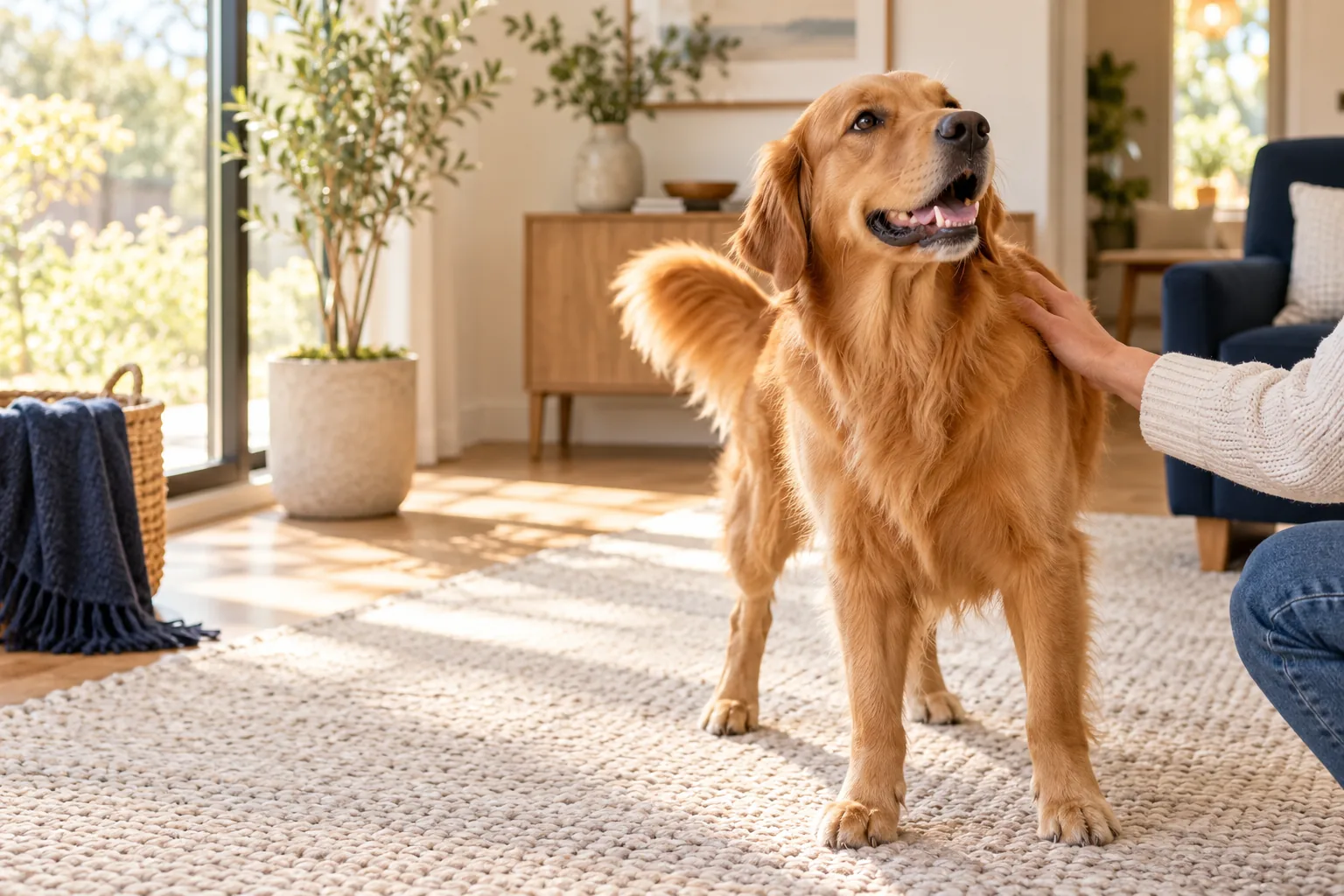 A clean, happy dog sharing a warm moment with its owner